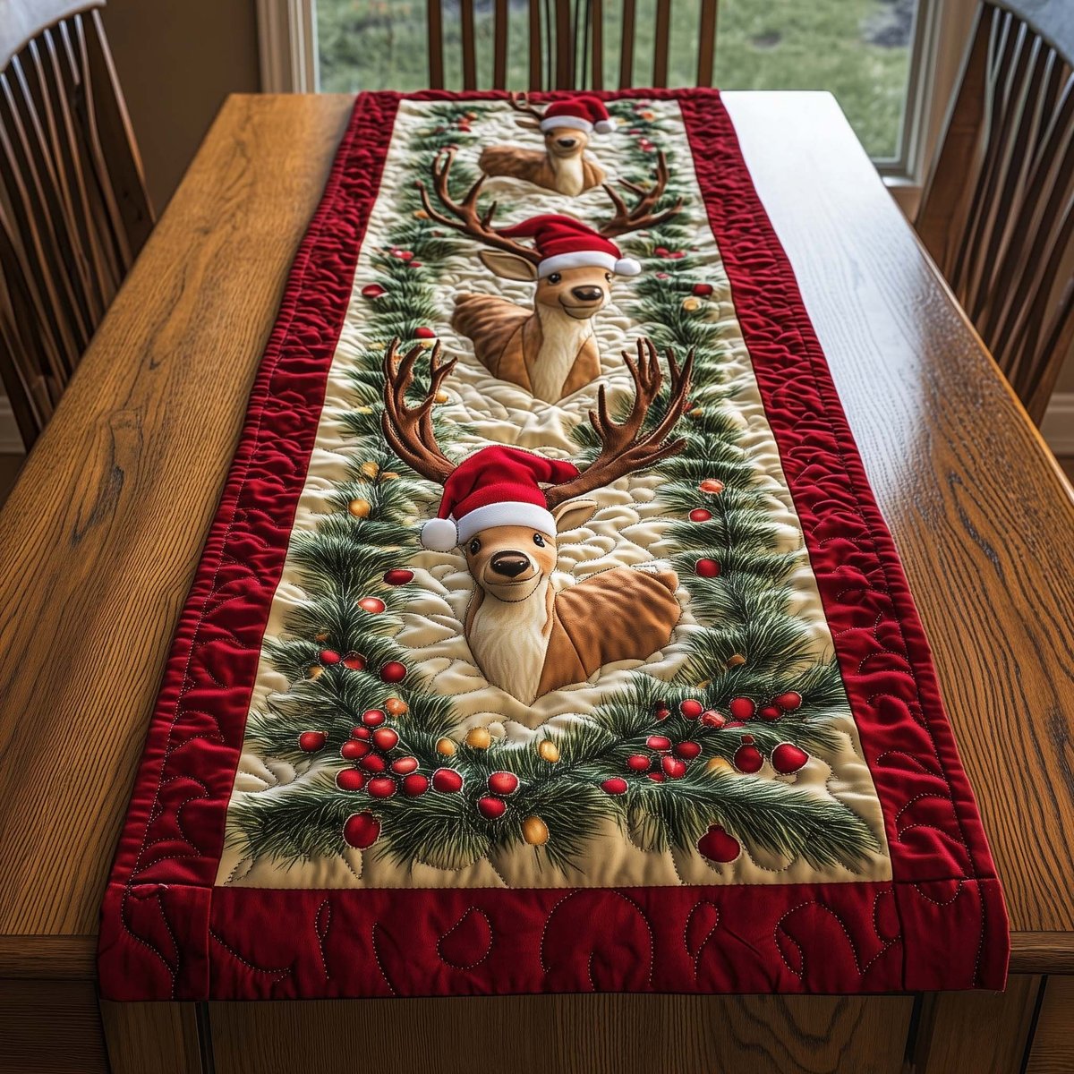 Reindeer in Santa Hat on Green Table Runner - Made to Order TABLE928