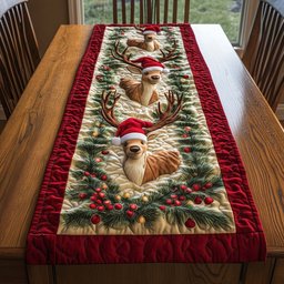 Reindeer in Santa Hat on Green Table Runner - Made to Order TABLE928