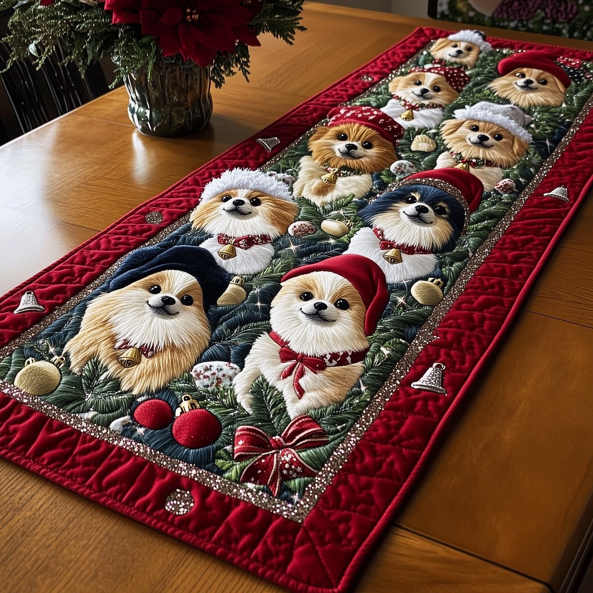 Pomeranians on Red with Ornaments Table Runner - Made to Order TABLE928