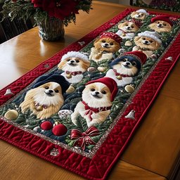 Pomeranians on Red with Ornaments Table Runner - Made to Order TABLE928