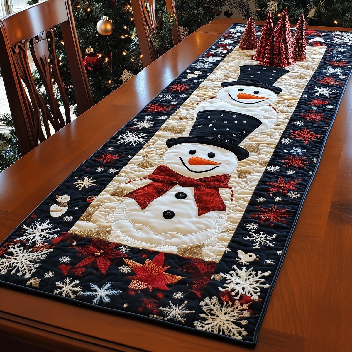 Smiling Snowman with Red Bow Tie Table Runner - Made to Order TABLE928