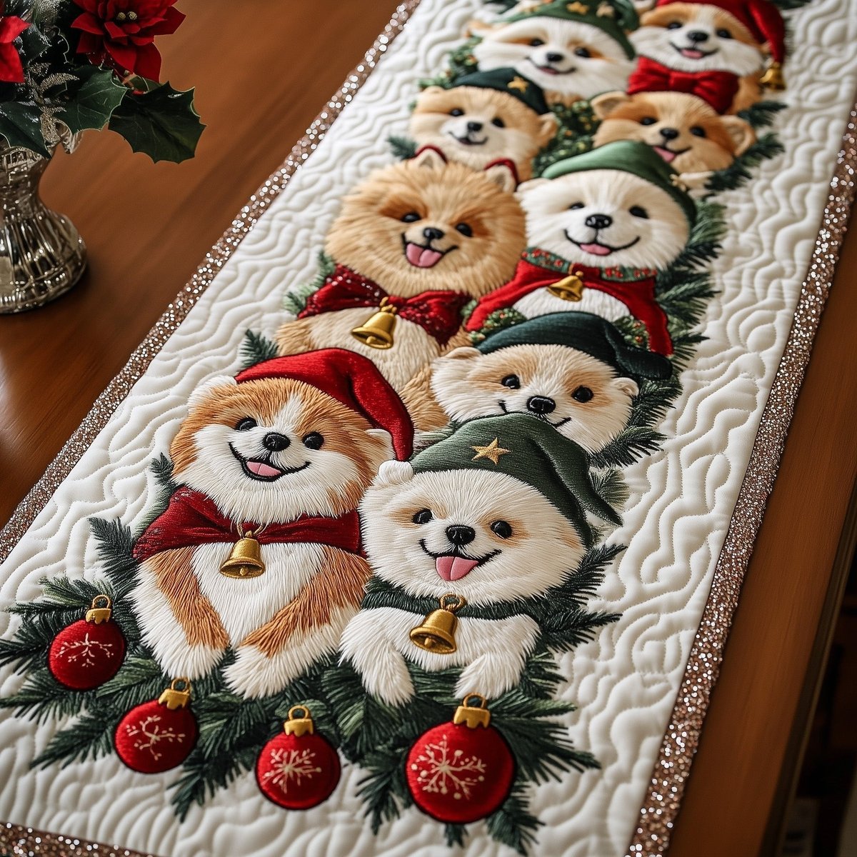 Pomeranians in Green Elf Hats Table Runner - Made to Order TABLE928