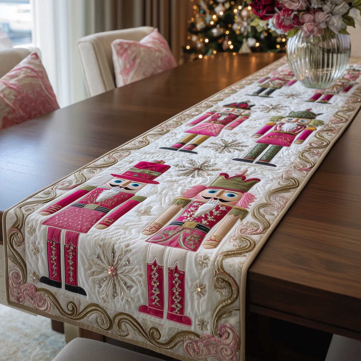 Pink Nutcrackers on Cream Quilting Table Runner - Made to Order TABLE928