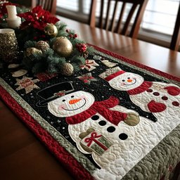 Snowman on Red and Black Check Table Runner - Made to Order TABLE928