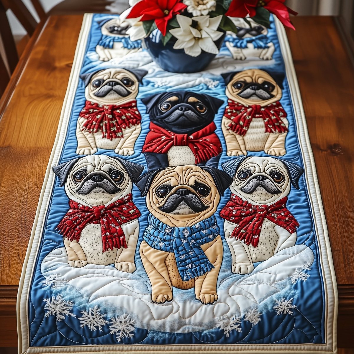Pugs in Scarves on Blue Snow Table Runner - Made to Order TABLE928