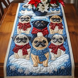 Pugs in Scarves on Blue Snow Table Runner - Made to Order TABLE928