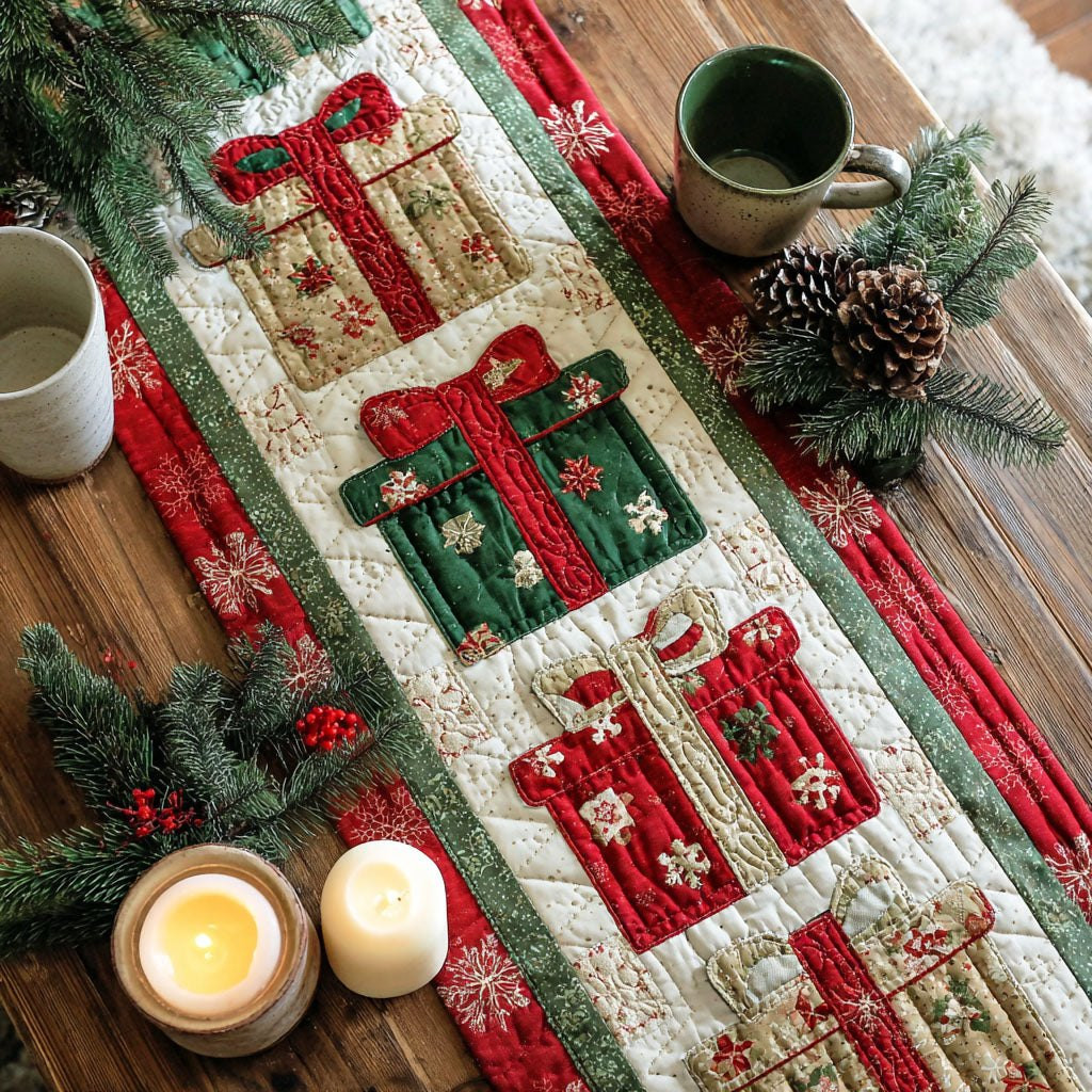 Red Gift Boxes with Green Ribbon Table Runner - Made to Order TABLE928