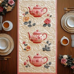 Pink Teapots on Cream Stripe Table Runner - Made to Order TABLE928