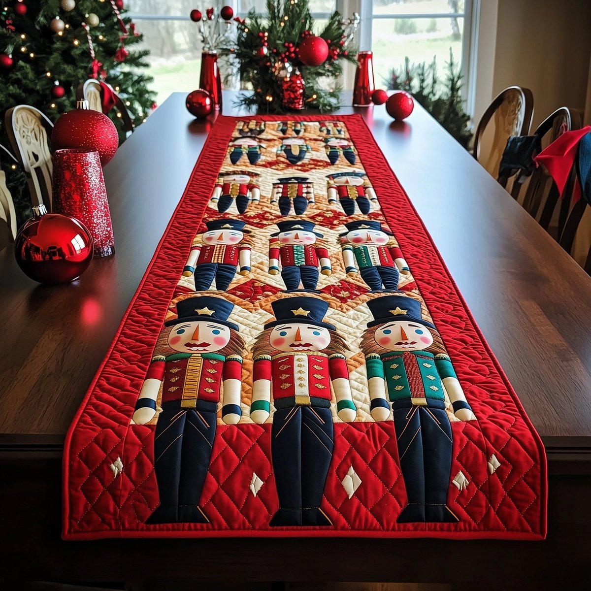 Nutcracker Row on Red Quilting Table Runner - Made to Order TABLE928
