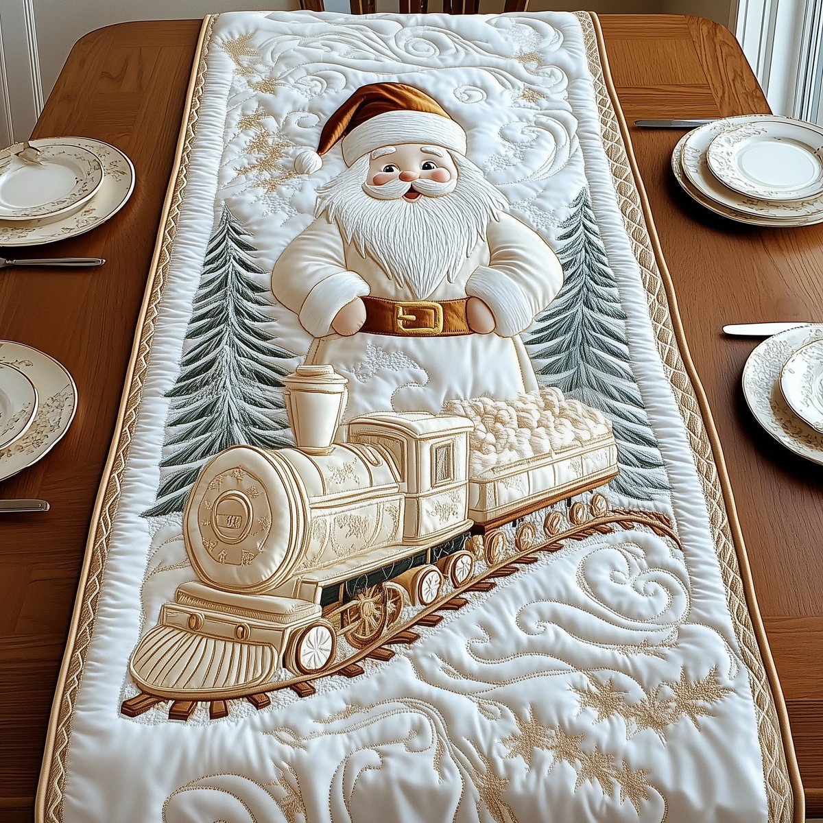 Santa Above a Quilted Train Table Runner - Made to Order TABLE928