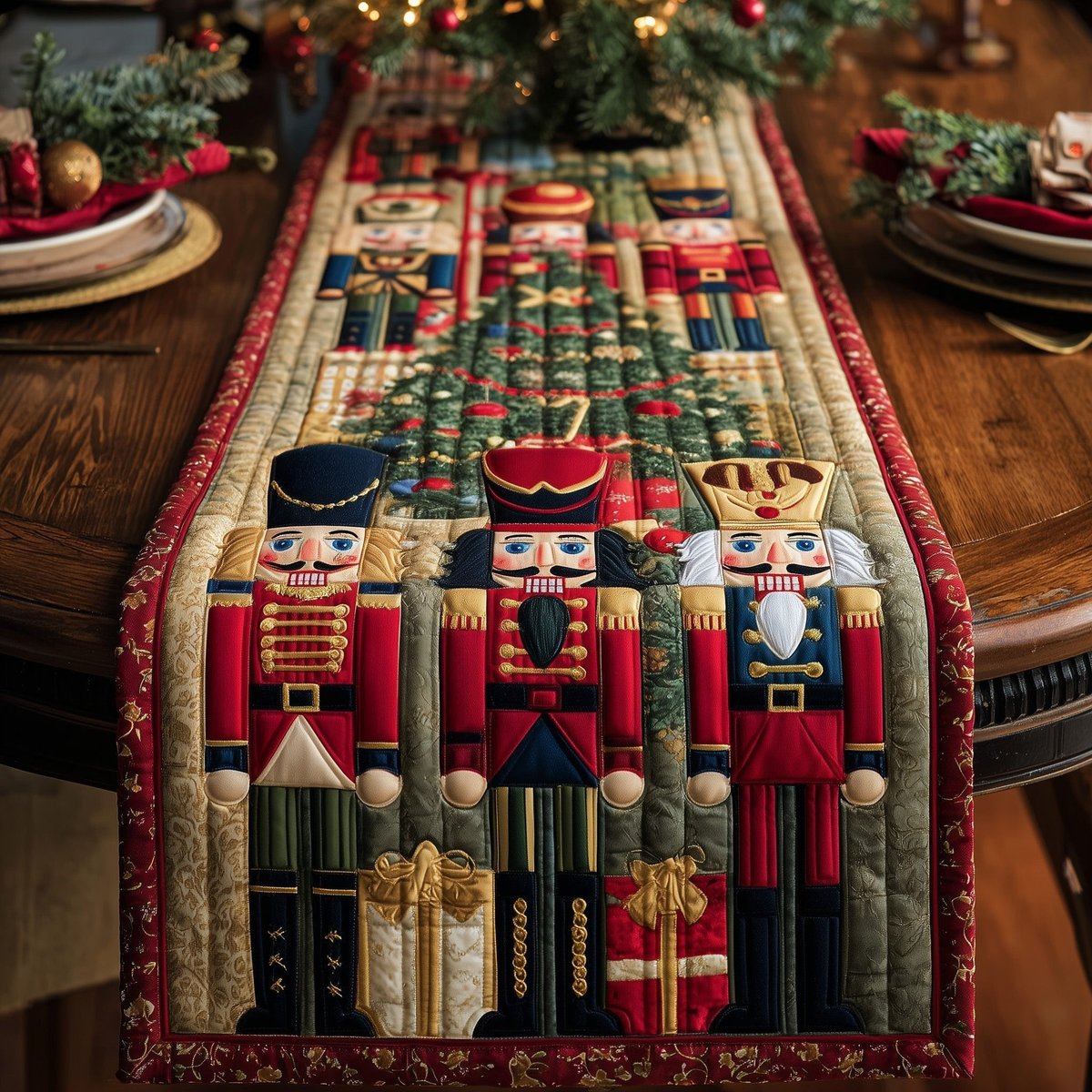 Red Nutcrackers with Gift Boxes Table Runner - Made to Order TABLE928