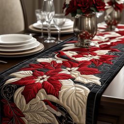 Red and Cream Poinsettias on Black Table Runner - Made to Order TABLE928