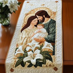 Peaceful Nativity Holy Family with White Lilies Table Runner - Made to Order TABLE928