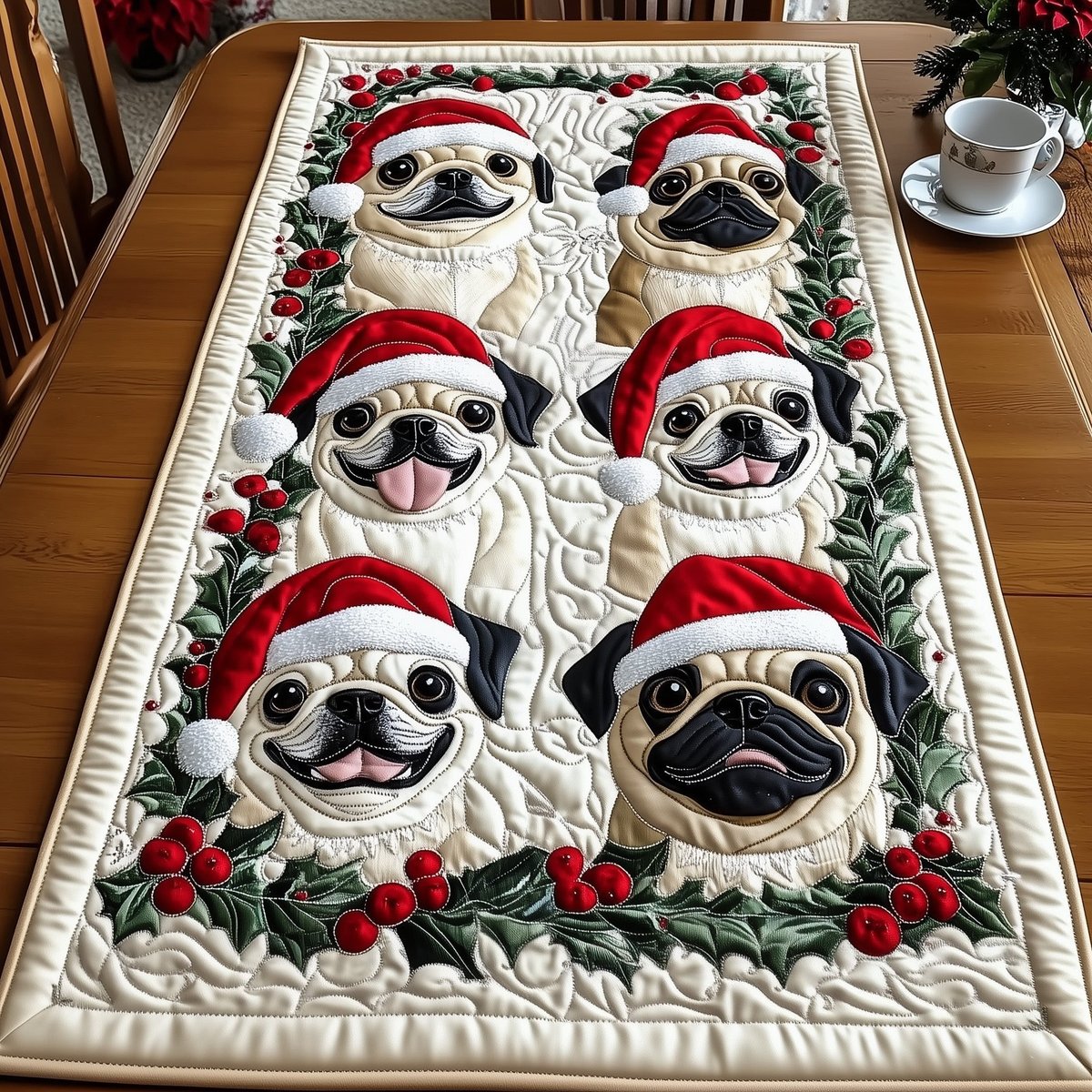 Pugs in Santa Hats with Holly Table Runner - Made to Order TABLE928