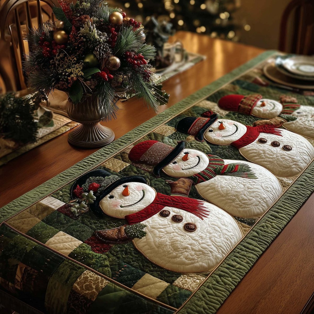 Snowmen with Green Holly Border Table Runner - Made to Order TABLE928