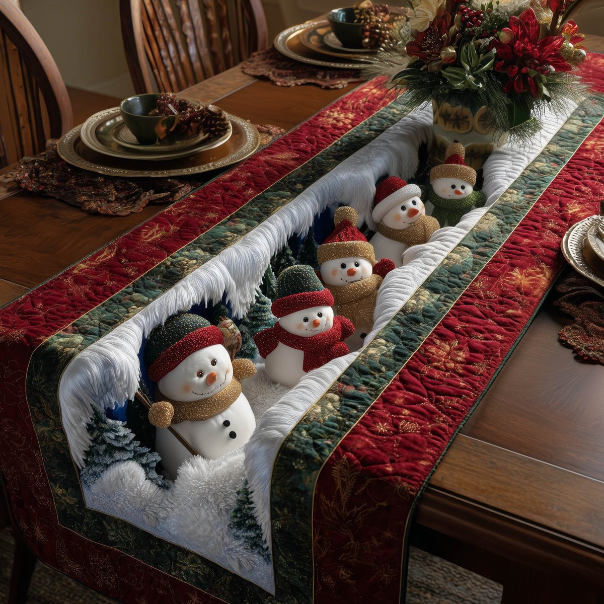Snowmen on Snowbank with Red Border Table Runner - Made to Order TABLE928
