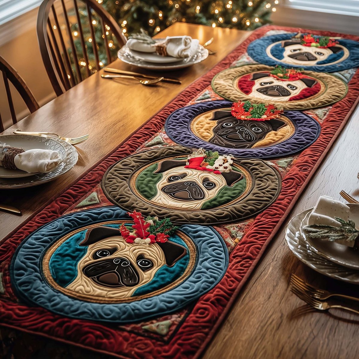 Pug Portraits in Round Wreaths Table Runner - Made to Order TABLE928