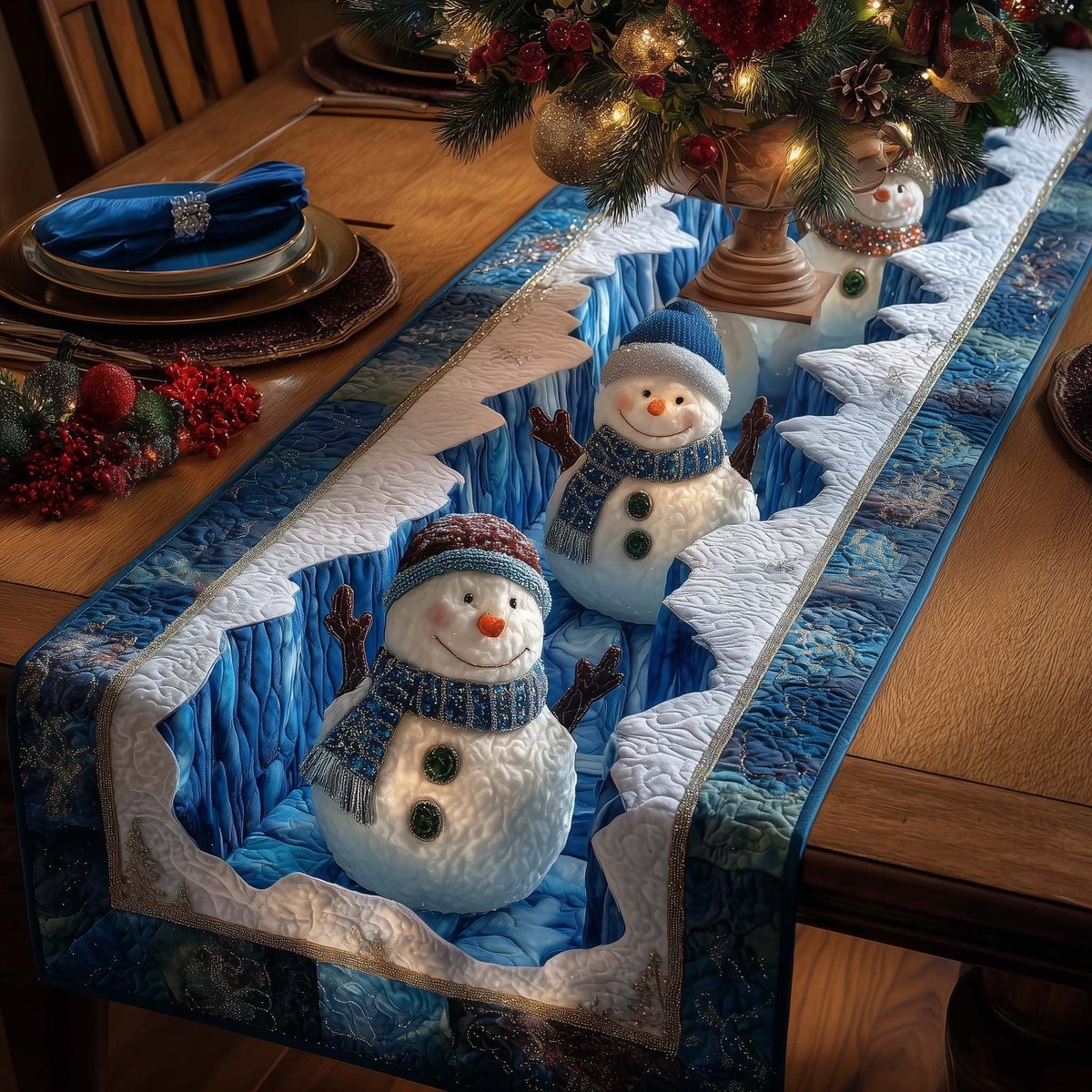Snowmen on Blue Quilted Snow Table Runner - Made to Order TABLE928