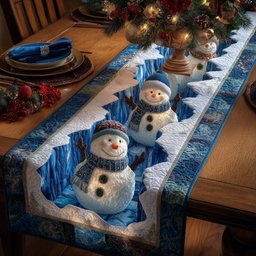 Snowmen on Blue Quilted Snow Table Runner - Made to Order TABLE928