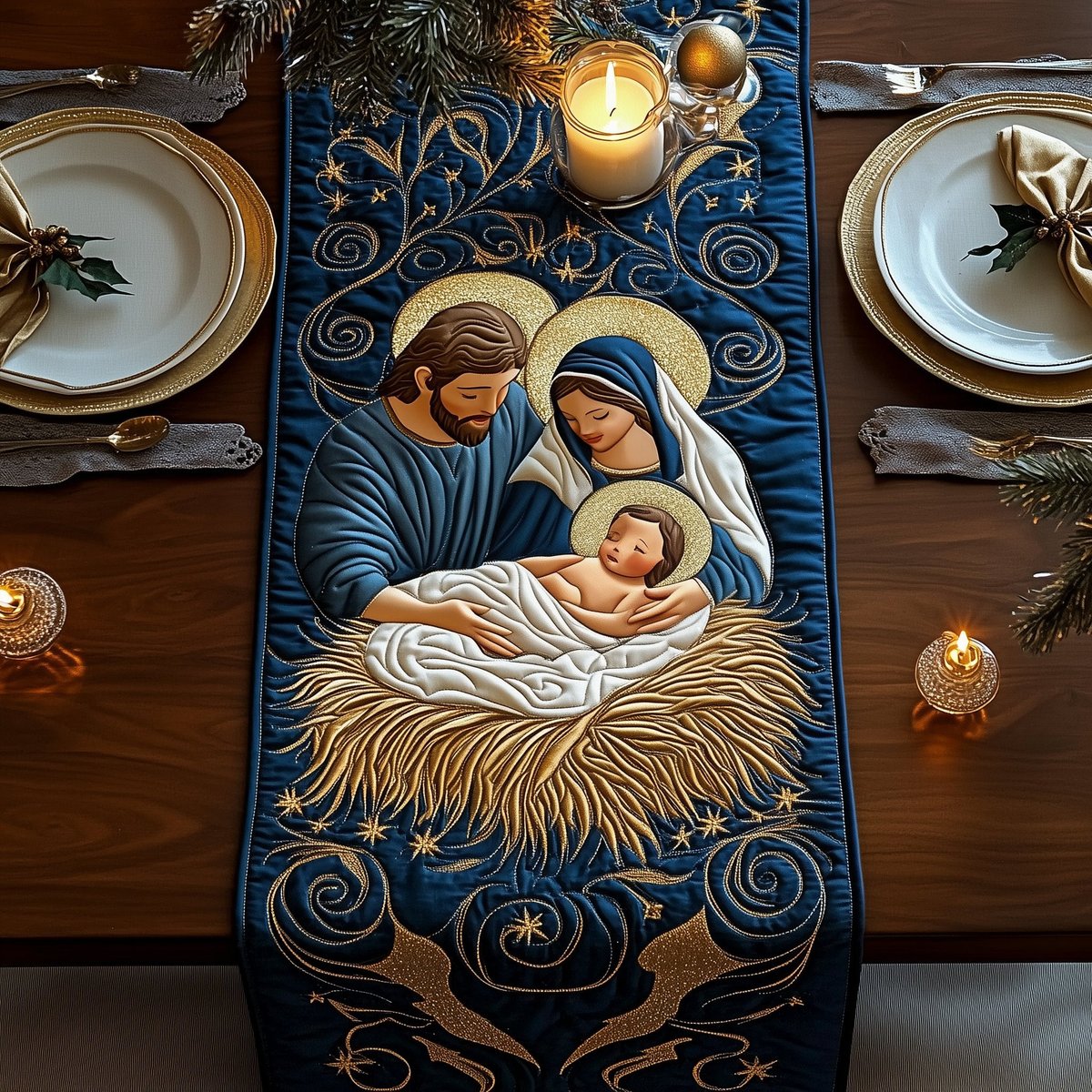 Nativity on Deep Blue Swirls Table Runner - Made to Order TABLE928