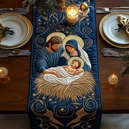 Nativity on Deep Blue Swirls Table Runner - Made to Order TABLE928