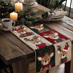 Reindeer in Scarves on Green Table Runner - Made to Order TABLE928