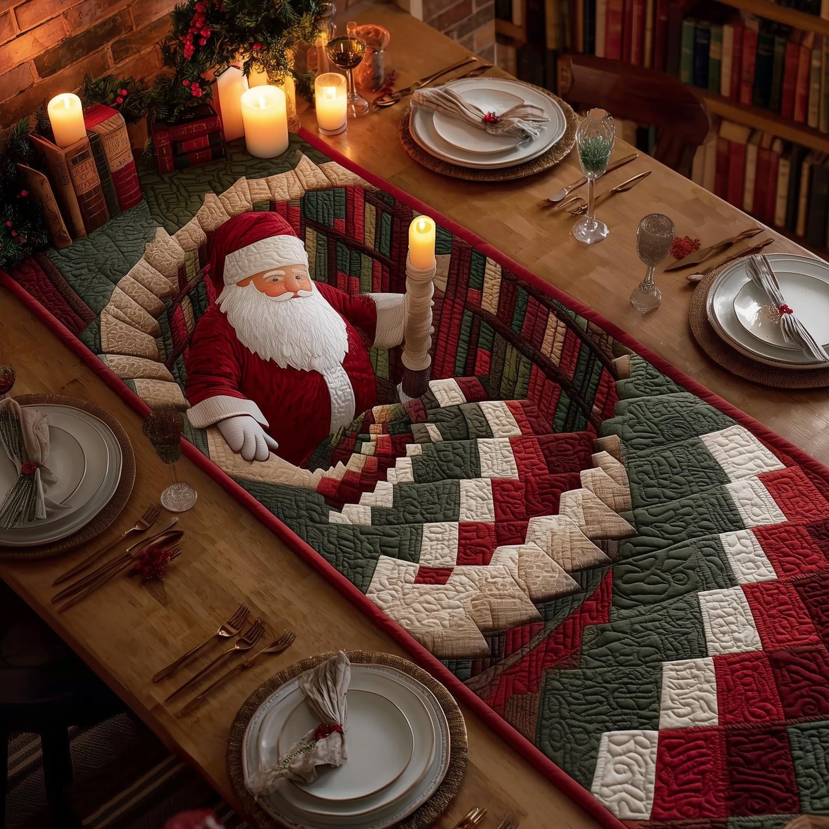 Santa with Green Chevron Border Table Runner - Made to Order TABLE928