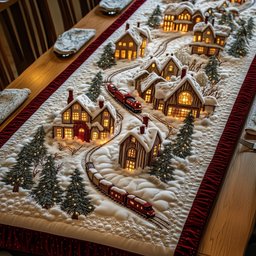 Snowy Cottages Beside the Tracks Table Runner - Made to Order TABLE928