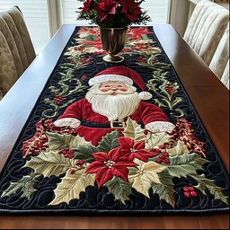 Santa Cheer Santa with Red Poinsettias Table Runner - Made to Order TABLE928