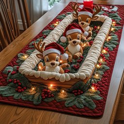 Puppies in Santa Hats in a Basket Table Runner - Made to Order TABLE928