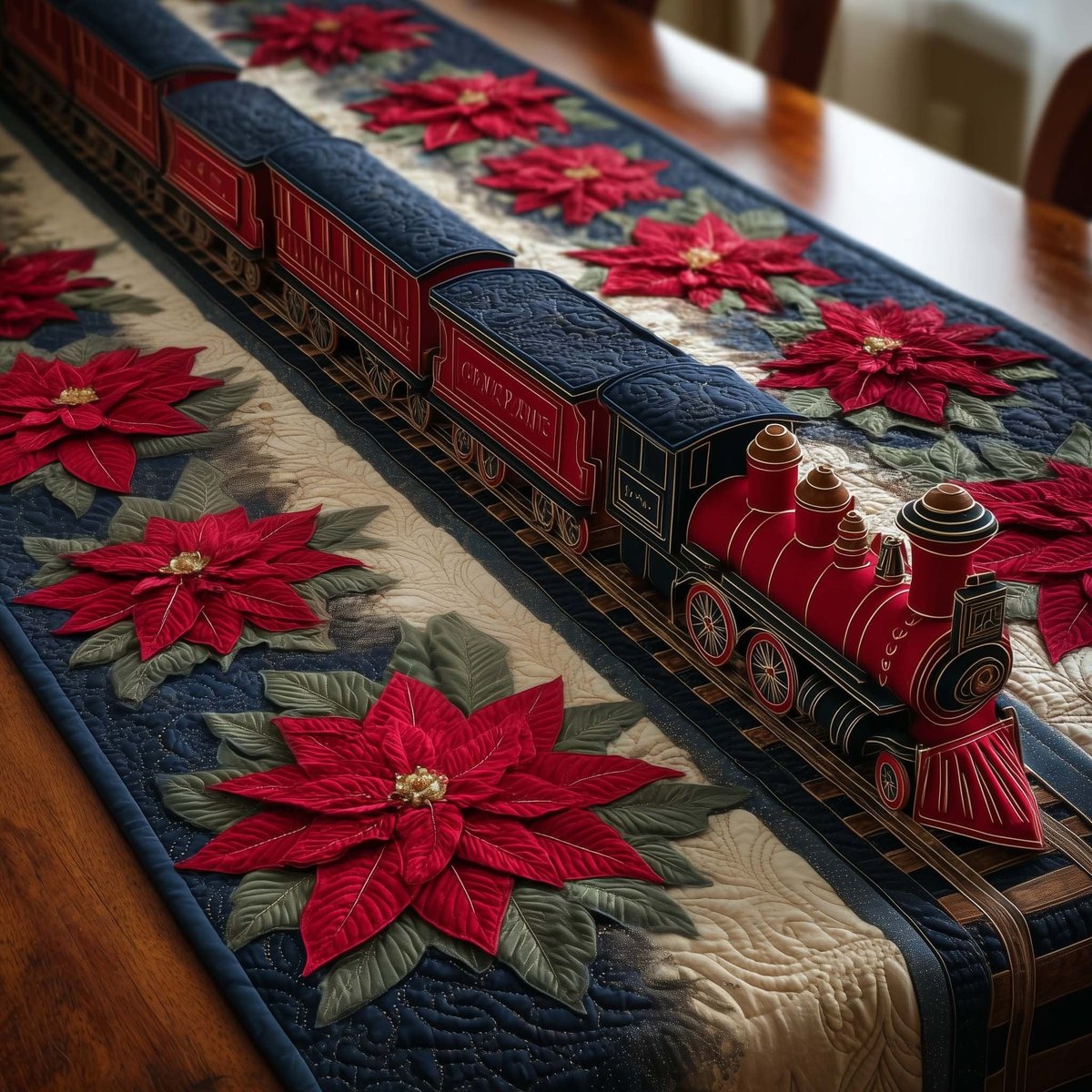 Red Locomotive Among Poinsettias Table Runner - Made to Order TABLE928