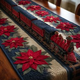 Red Locomotive Among Poinsettias Table Runner - Made to Order TABLE928