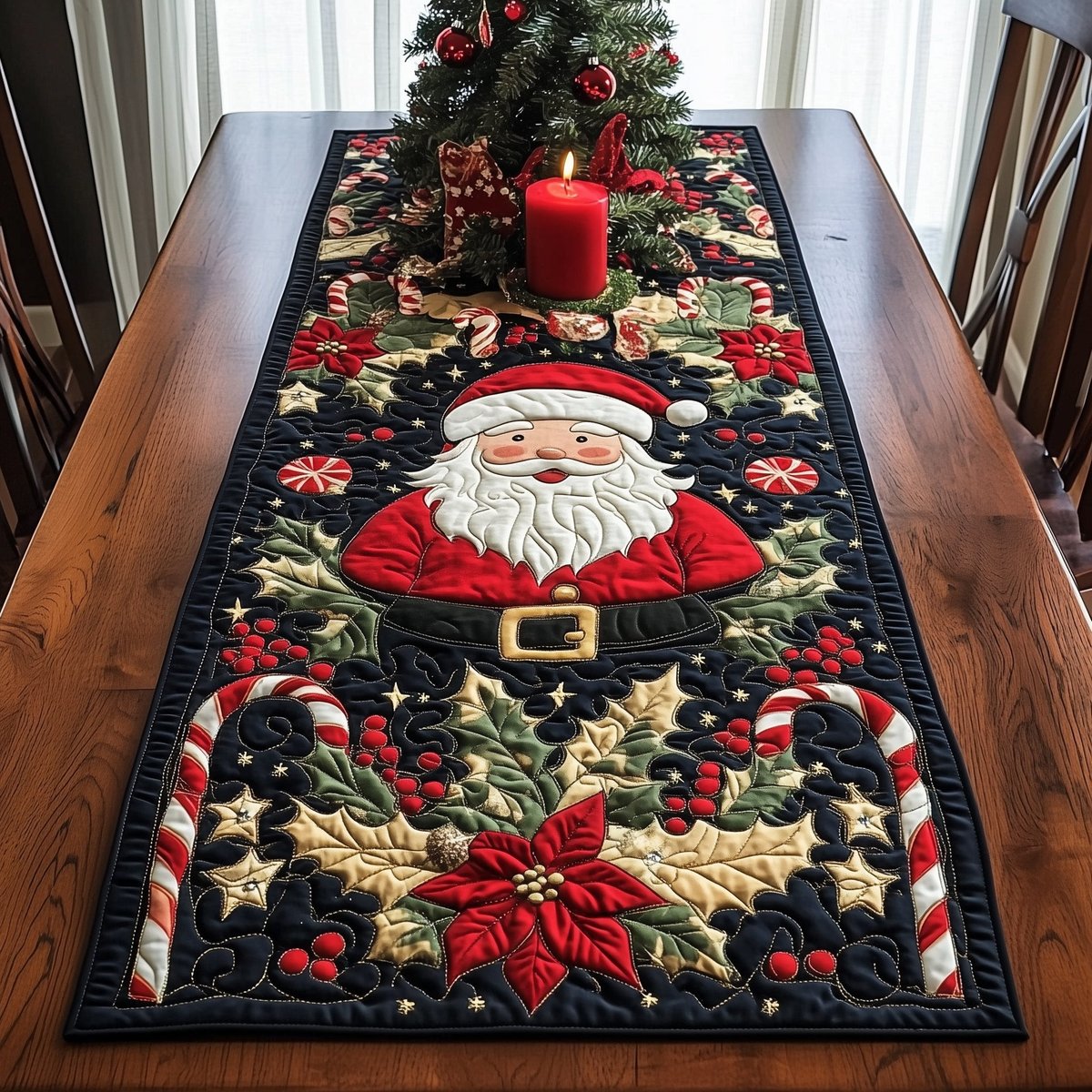 Santa in Belted Coat with Poinsettias Table Runner - Made to Order TABLE928