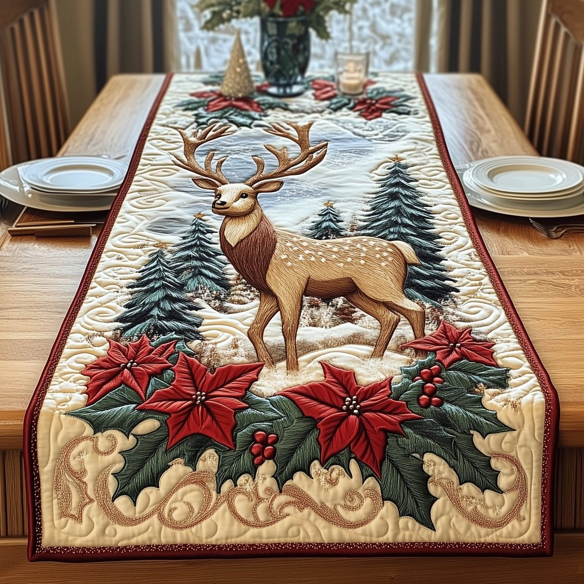 Stag with Poinsettias and Pines Table Runner - Made to Order TABLE928