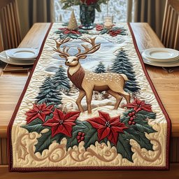 Stag with Poinsettias and Pines Table Runner - Made to Order TABLE928