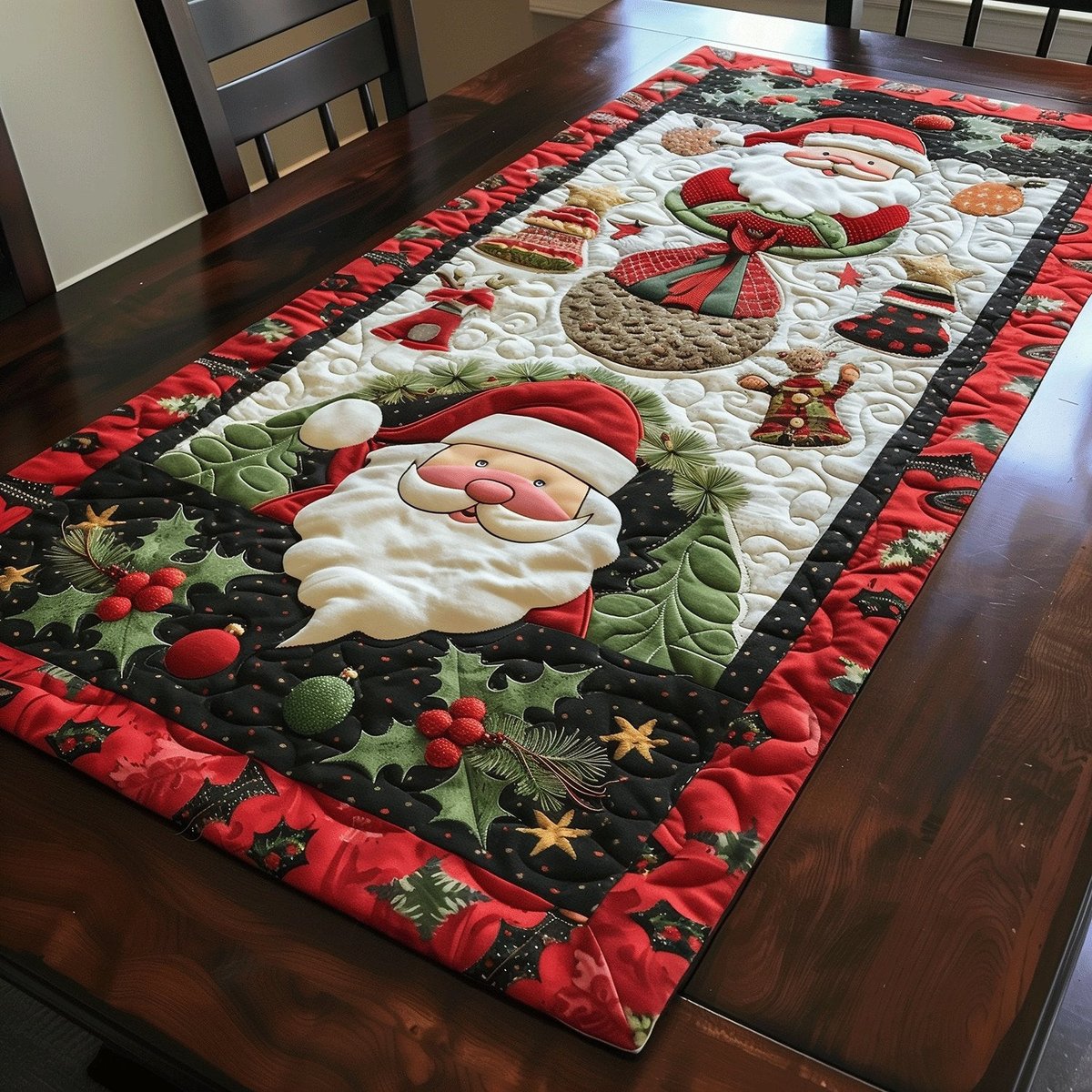 Santa Face in Holly Wreath Table Runner - Made to Order TABLE928