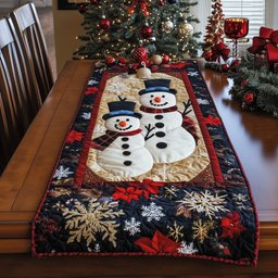 Snowman Couple on Red Border Table Runner - Made to Order TABLE928