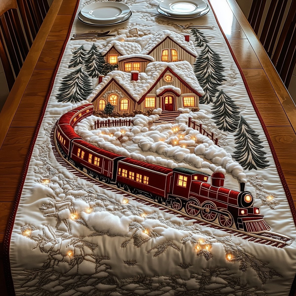 Red Train Circling a Snowy Village Table Runner - Made to Order TABLE928