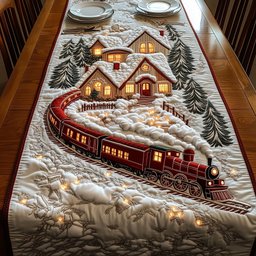 Red Train Circling a Snowy Village Table Runner - Made to Order TABLE928