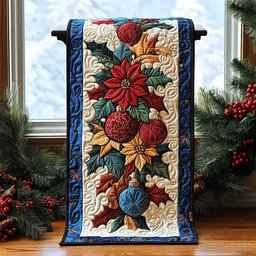 Poinsettias and Ornaments on Cream Table Runner - Made to Order TABLE928