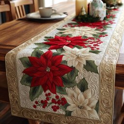 Red and White Poinsettias on Cream Table Runner - Made to Order TABLE928