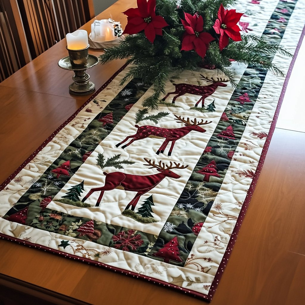 Red Deer on Green Blocks Table Runner - Made to Order TABLE928