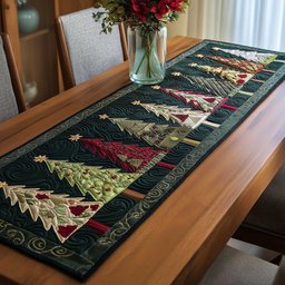 Green and Red Trees on Deep Green Table Runner - Made to Order TABLE928
