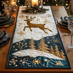 Golden Reindeer on Navy with Trees Table Runner - Made to Order TABLE928