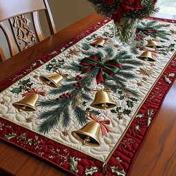 Gold Bells with Pine and Berries Table Runner - Made to Order TABLE928