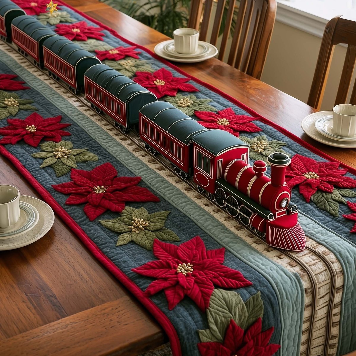 Green Train with Poinsettia Border Table Runner - Made to Order TABLE928