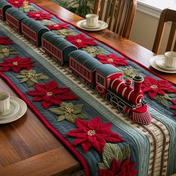 Green Train with Poinsettia Border Table Runner - Made to Order TABLE928