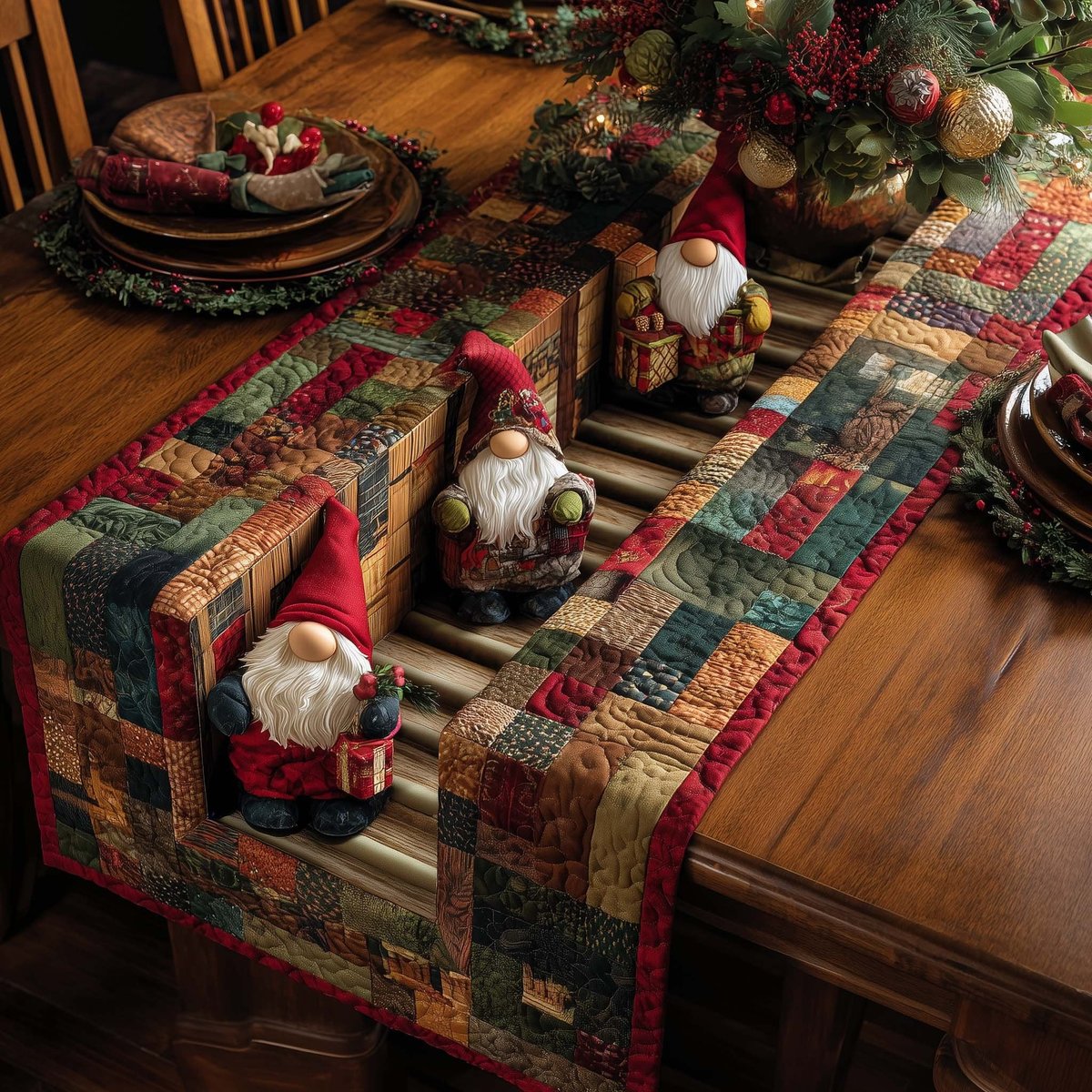 Gnome with Gift on Green Blocks Table Runner - Made to Order TABLE928