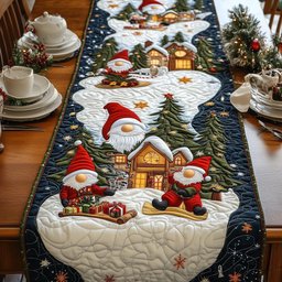 Gnomes Beside Snowy Cottage in Blue Table Runner - Made to Order TABLE928
