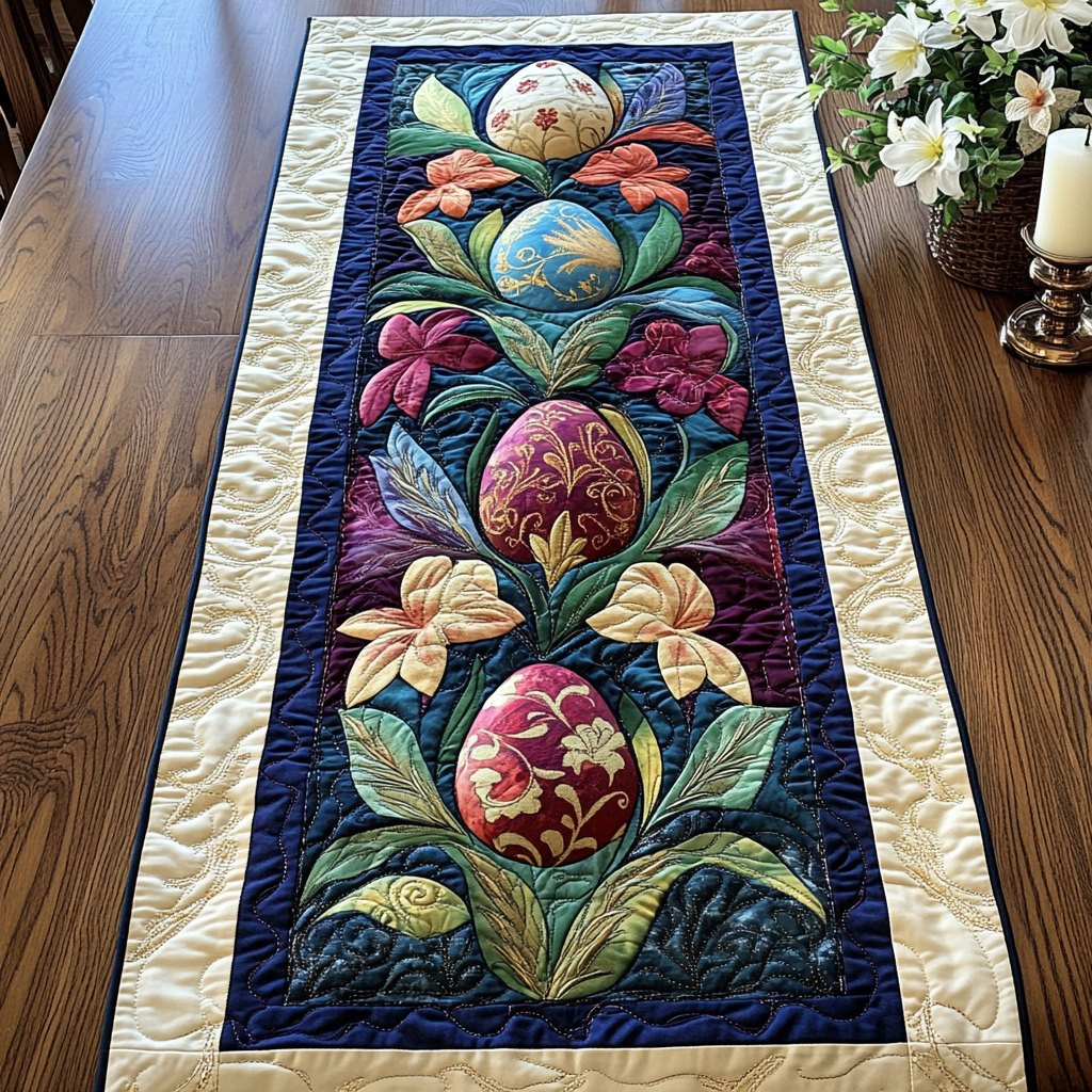 Folk Blooms and Eggs on Navy Table Runner - Made to Order TABLE928